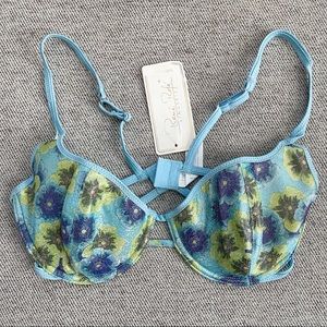 Rene Rofe Lingerie Metallic Baby Blue Neon Floral Bra Size 36B - Music Festival